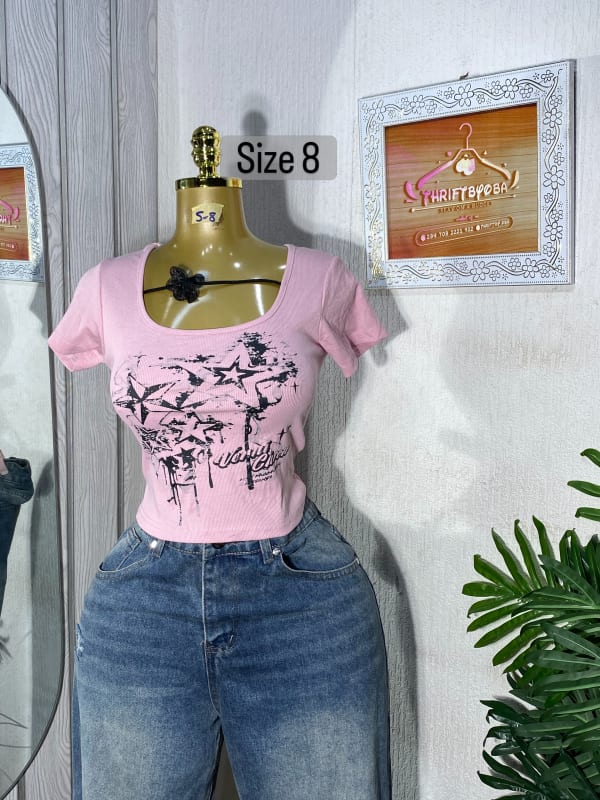 Women's Pink Ribbed Graphic Star Print Tee - Size 8