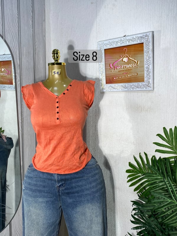 Women's V-Neck Button-Down Top - Orange Size 8