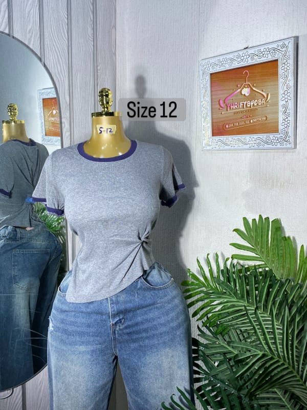Women's Grey Ribbed Knot-Detail Ringer T-Shirt Size 12