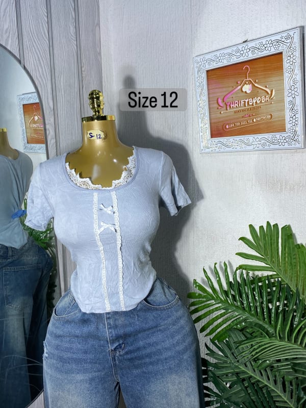 Light Blue Ribbed Lace Trim Detail Top Size 12