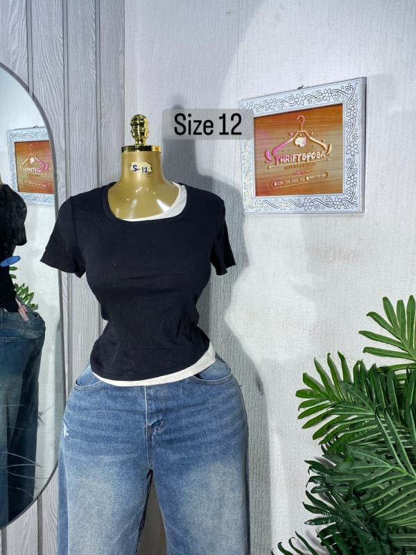 Women's Black Layered Look Ribbed Short Sleeve T-Shirt