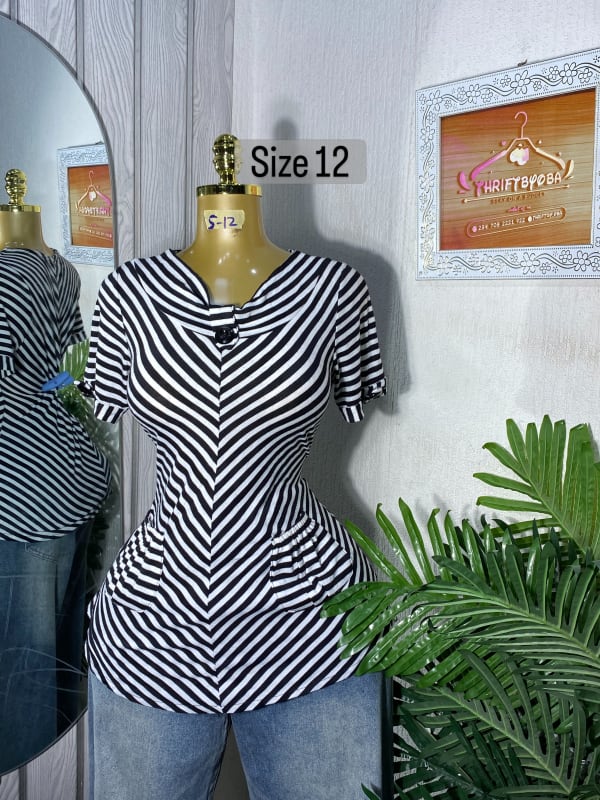 Black & White Striped V-Neck Casual Top - Size 12