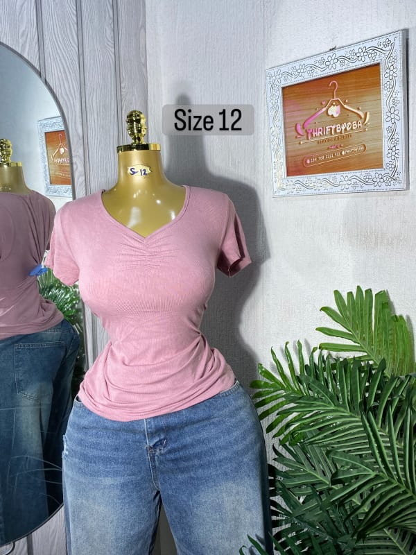 Women's Dusty Pink Ruched V-Neck Ribbed Tee