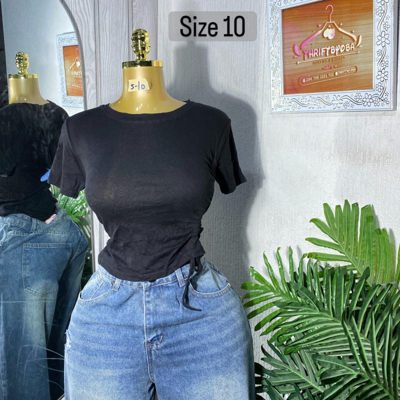 Black Side-Ruched Crew Neck Tee - Size 10