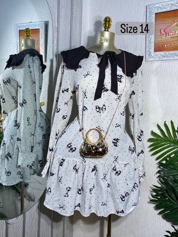 Vintage Polka Dot Bow Print Dress with Contrast Collar
