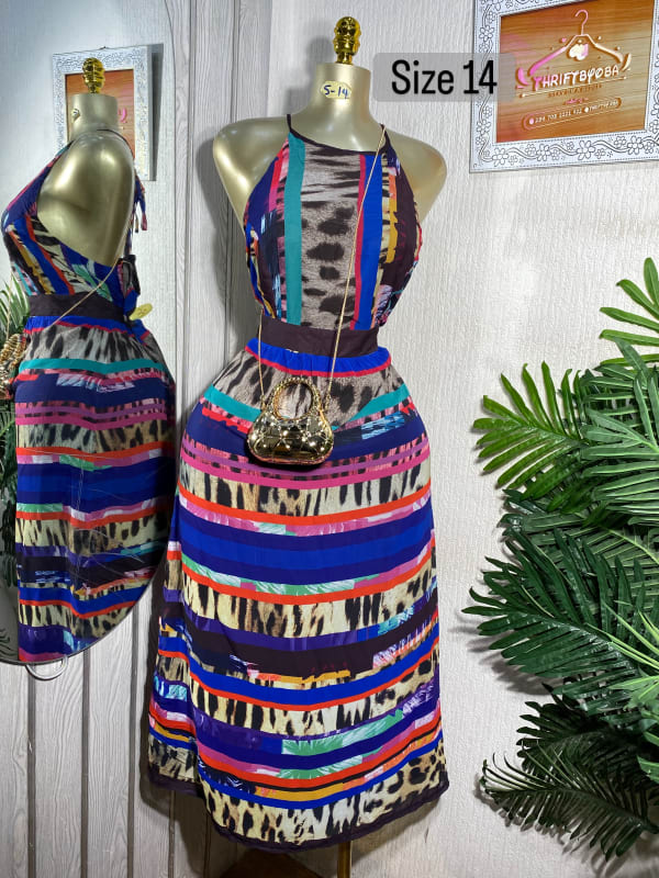 Size 14 Multi-Color Patterned Halter Neck Midi Dress