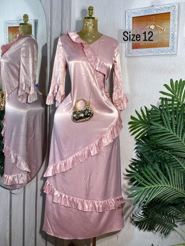 Elegant Dusty Pink Satin Ruffled Maxi Dress - Size 12