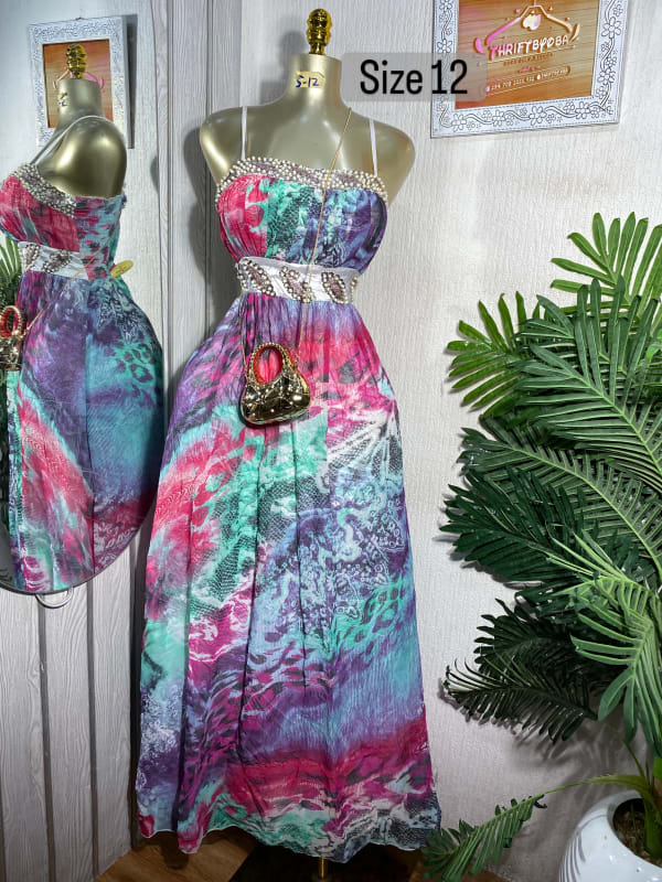Vibrant Multicolored Printed Maxi Dress with Pearl Detail