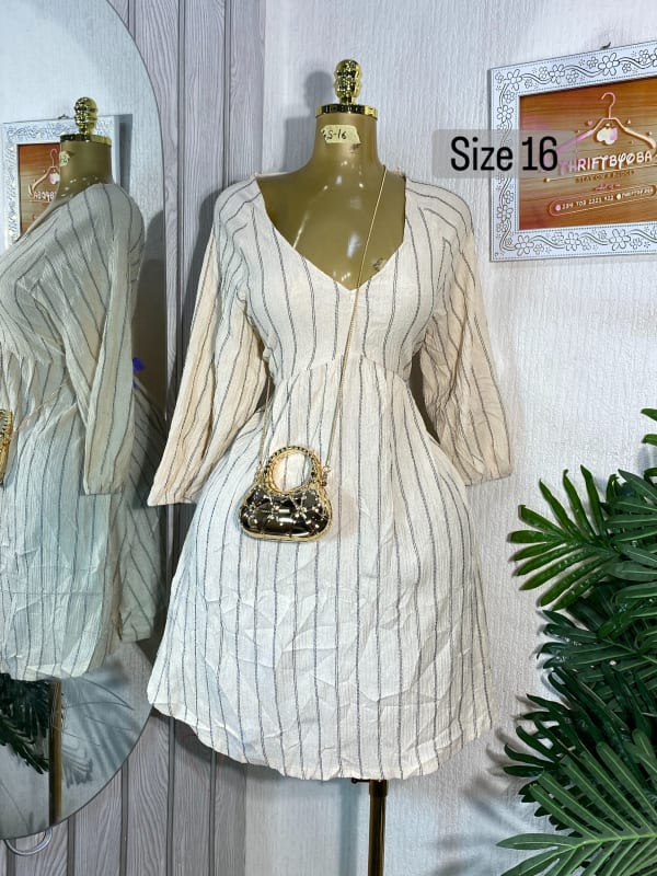 Cream Pinstripe V-Neck Casual Dress - Size 16