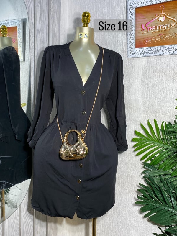 Black Button-Down Mini Dress with Gold Chain Bag