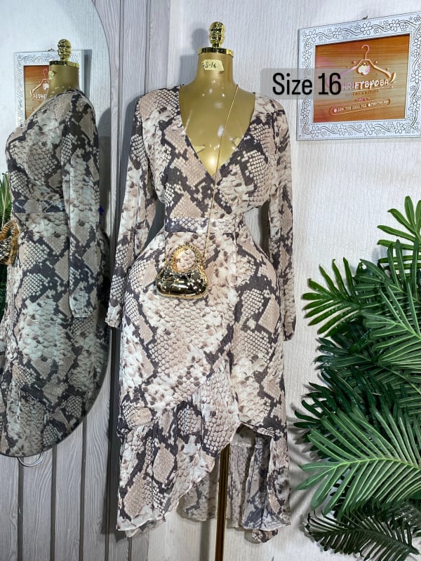 Snakeskin Print V-Neck Hi-Low Wrap Dress Size 16