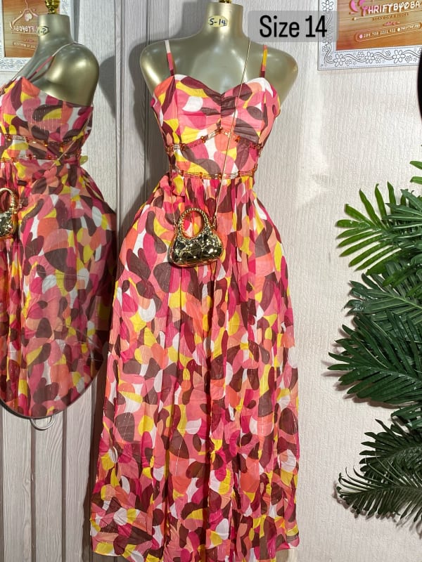 Abstract Print Spaghetti Strap Maxi Dress - Size 14