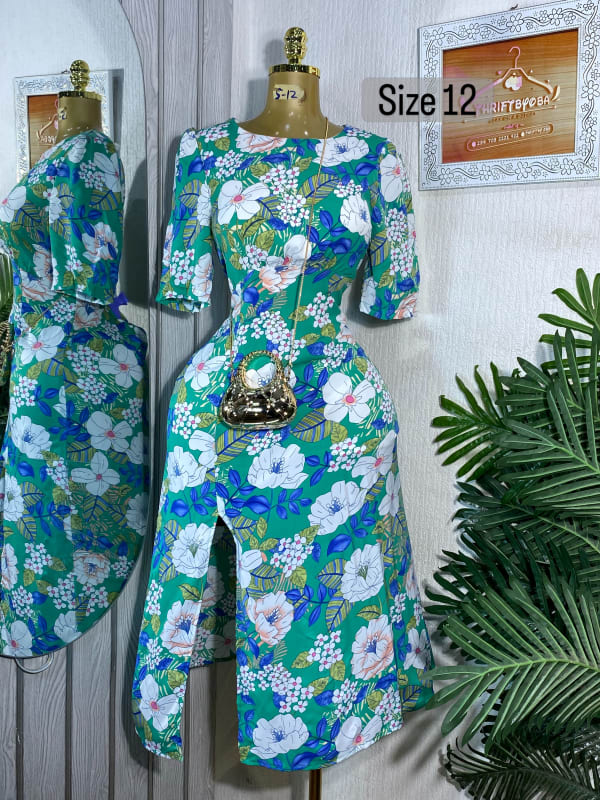 Green Floral Midi Dress with Front Slit - Size 12
