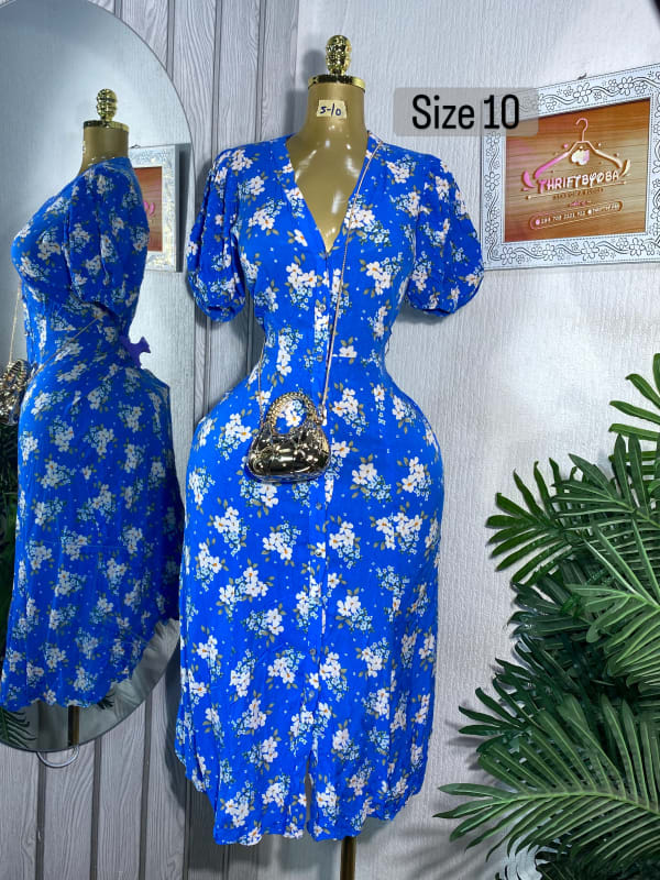 Blue Floral Puff Sleeve Button-Down Midi Dress - Size 10