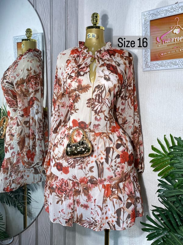 Floral Ruffle-Neck Mini Dress - Size 16
