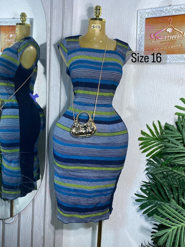 Stripe Print Midi Bodycon Dress - Blue & Green, Size 16