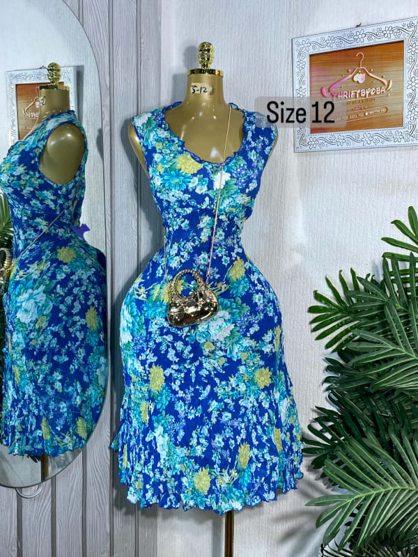 Blue Floral Sleeveless Summer Midi Dress - Size 12