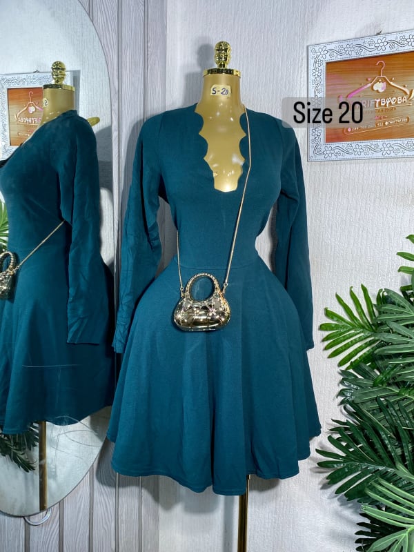 Emerald Green Scalloped Neck Long Sleeve Skater Dress