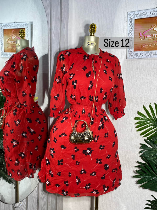 Red Floral Chiffon Midi Dress with Smocked Waist - Size 12