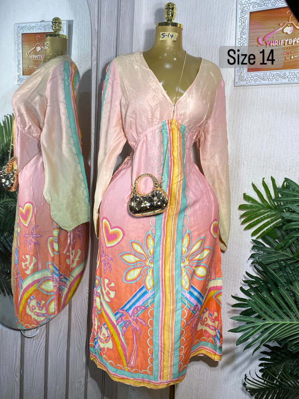 Tropical Peach V-Neck Midi Dress - Size 14