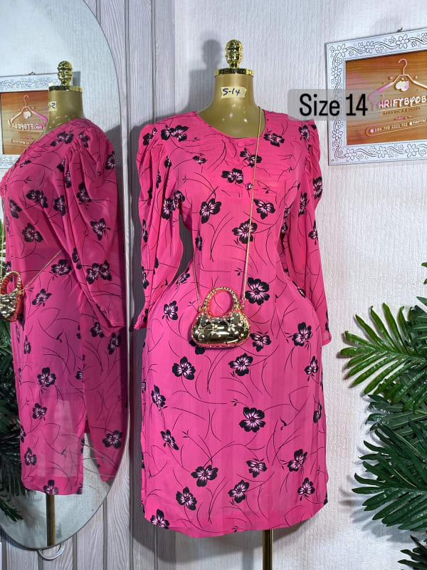 Pink Floral Midi Dress with Puff Sleeves - Size 14