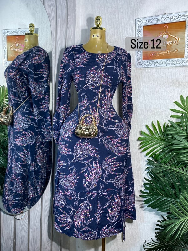 Elegant Navy Floral Print Long-Sleeve Midi Dress