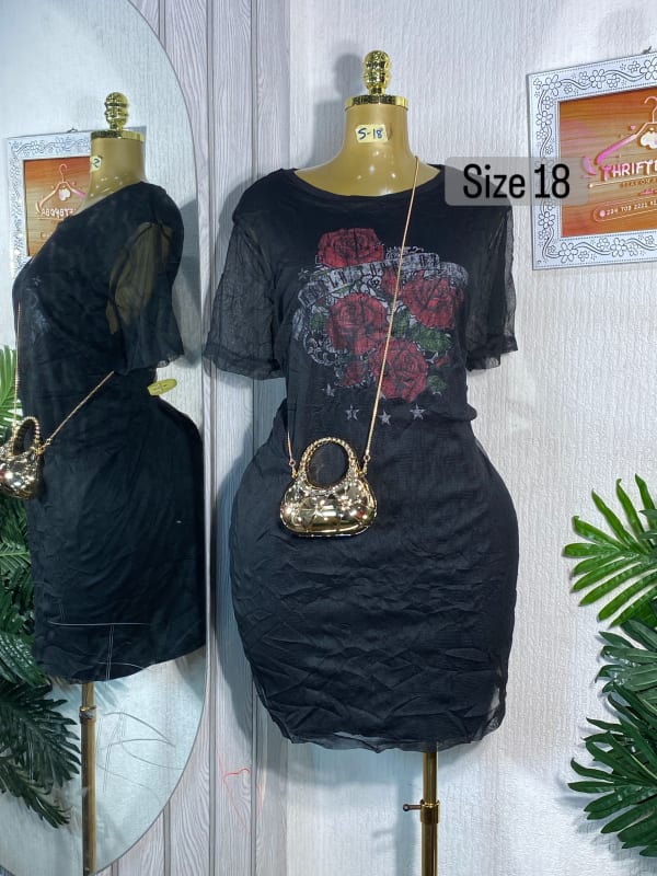 Black Rose Print Mesh Overlay T-Shirt Dress - Size 18