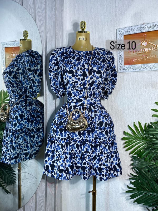 Blue and White Patterned Puff Sleeve Mini Dress