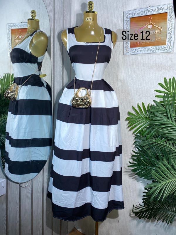 Black and White Striped Sleeveless Midi Dress