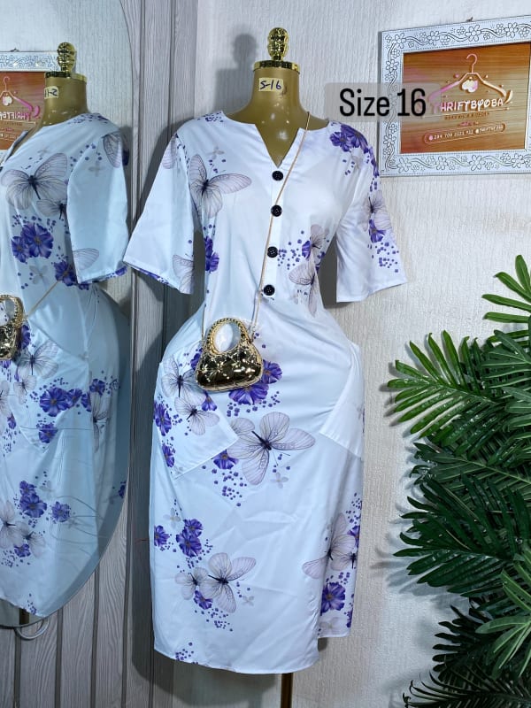 White Butterfly Print V-Neck Casual Dress Size 16