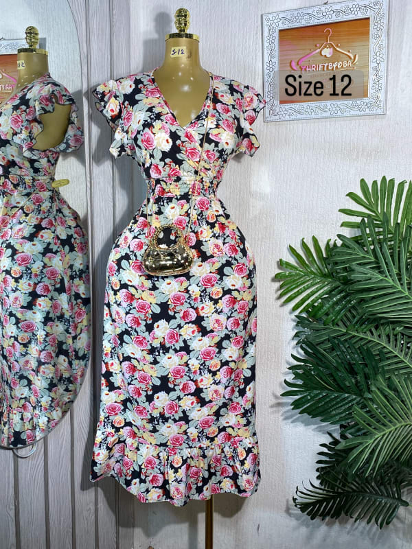 Floral Ruffle Sleeve Midi Dress - Black Multi