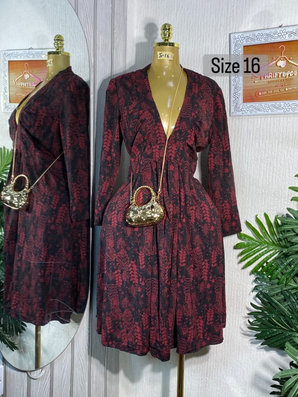 Burgundy and Black Leaf Print V-Neck Dress - Size 16