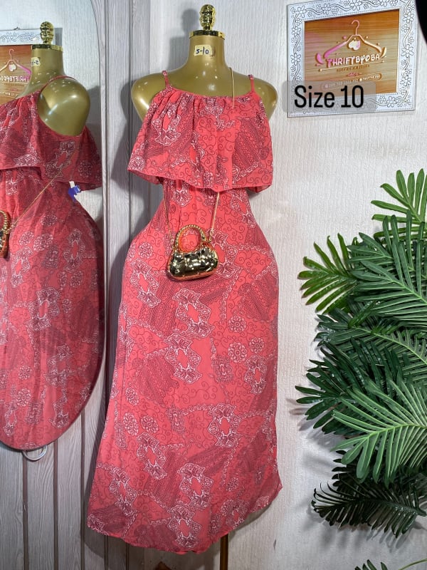 Coral Pink Ruffled Spaghetti Strap Midi Dress - Size 10