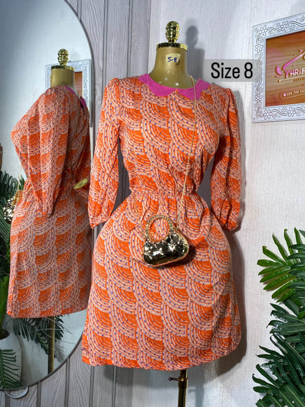 Orange Patterned Vintage-Style Collared Dress