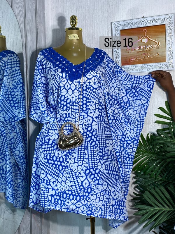 Blue and White Geometric Print Caftan Dress