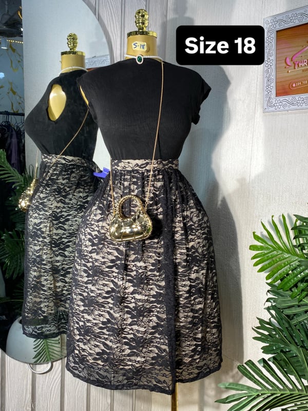 Elegant Black Lace Midi Skirt Dress - Size 18