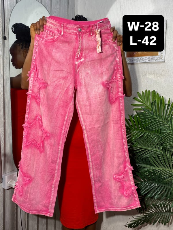 Women's Hot Pink Star Patch Wide-Leg Denim Jeans