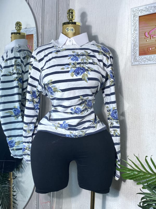 Women's Striped Floral Print Long Sleeve Shirt with Collar