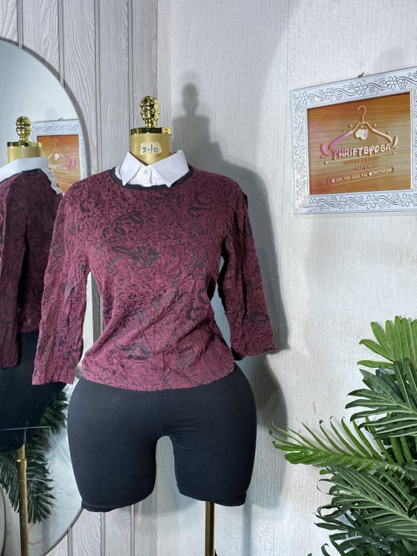 Maroon Floral Pattern Top with Integrated White Collar