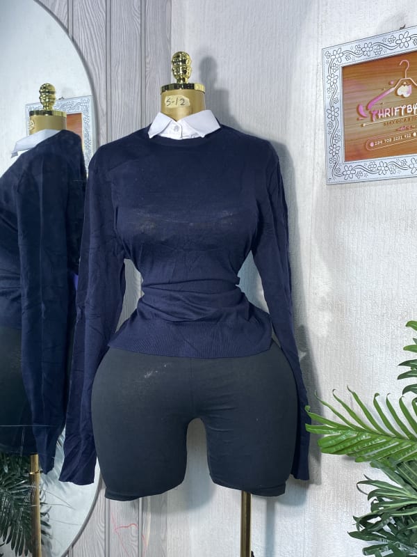 Navy Blue Long Sleeve Knit Sweater with White Collared Neck