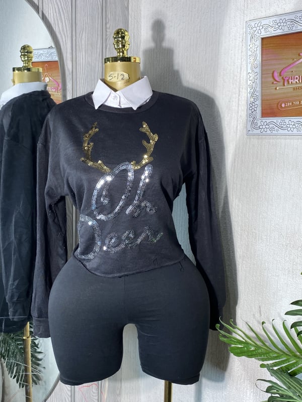 Women's Black Oh Deer Sequin Sweatshirt with Collar