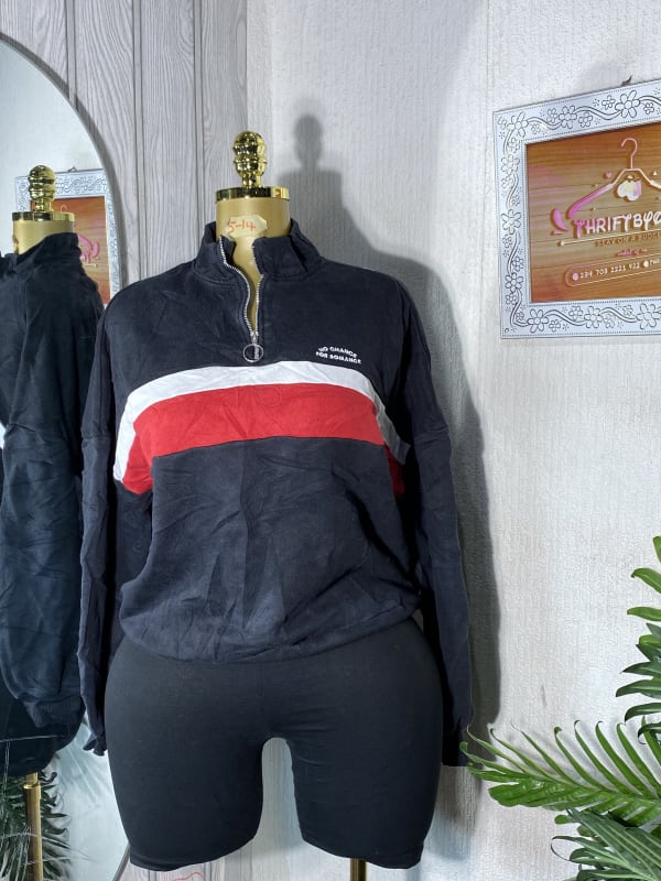 Black Quarter-Zip Colorblock Sweatshirt with Slogan Print