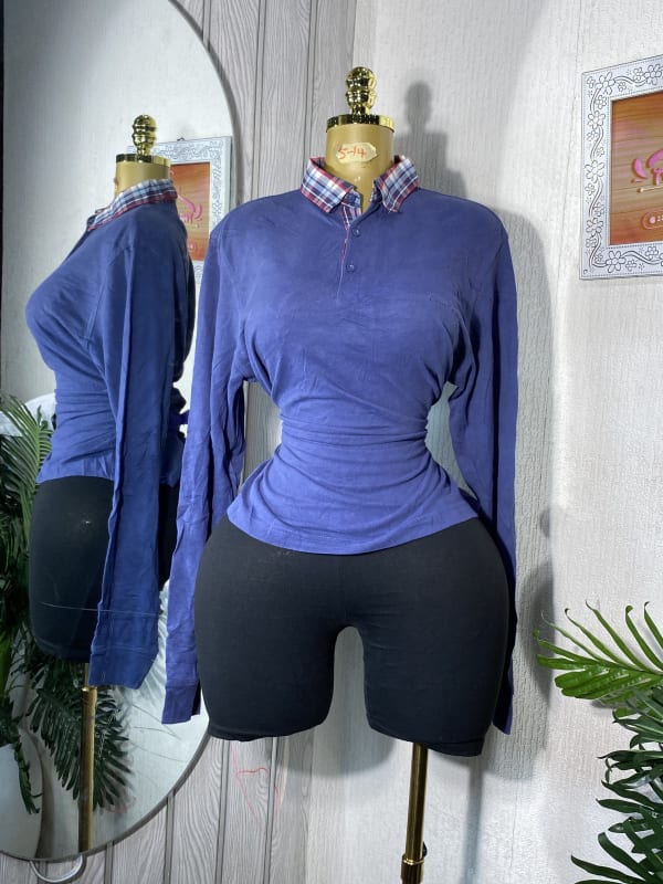 Women's Long Sleeve Polo with Plaid Collar