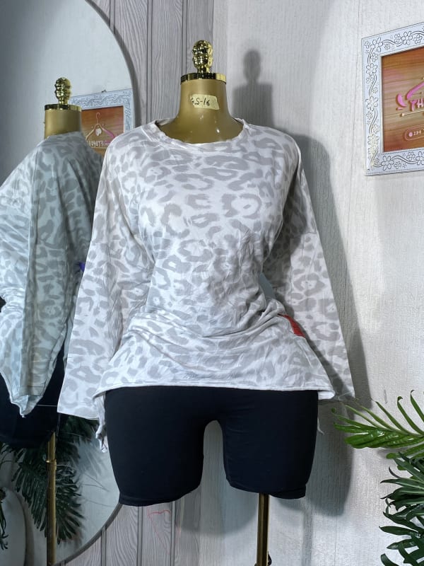 Women's Grey Leopard Print Long Sleeve Oversized T-Shirt