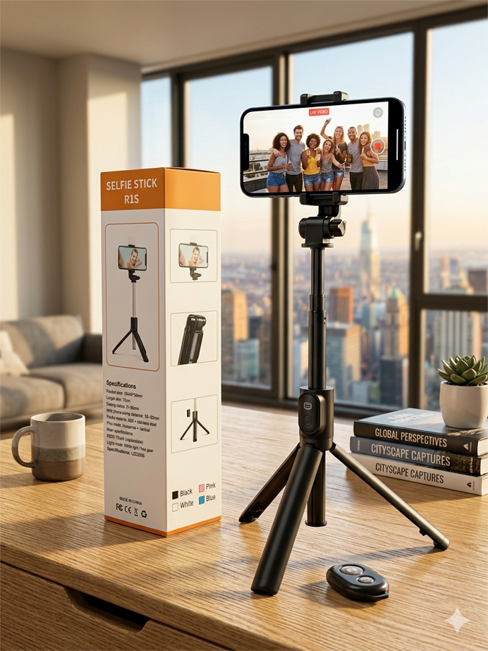 R1S Bluetooth Integrated Selfie Stick with Light and Bluetooth Remote Control