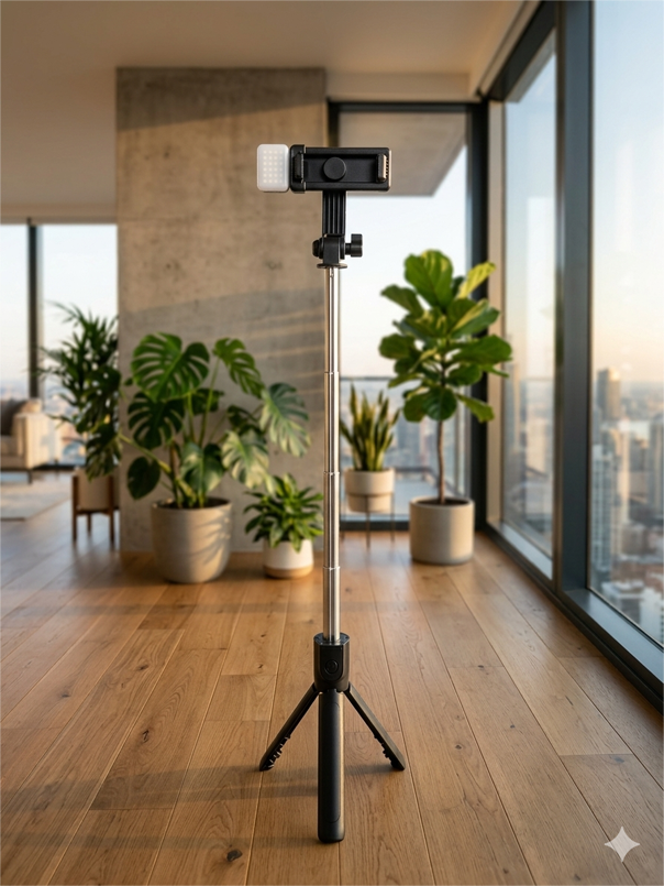 R1S Bluetooth Integrated Selfie Stick with Light and Bluetooth Remote Control
