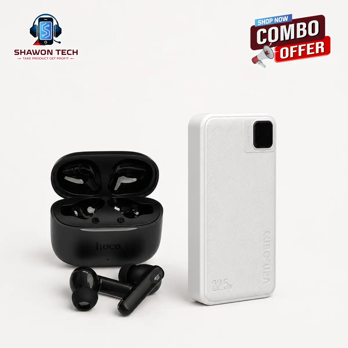 Special Combo Hoco EQ27 Airbuds &Ven-Dens VD-PB061 Power Bank + Free T-Shirt