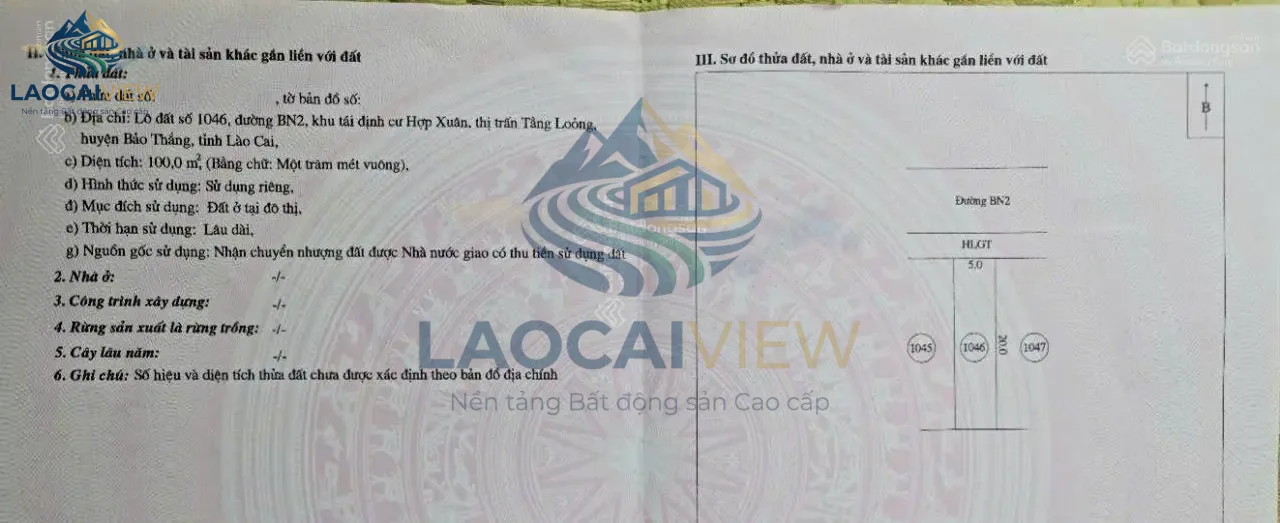 Bán đất full thổ cư 100m² tại thị trấn Tằng Loong, huyện Bảo Thắng, Lào Cai - Giá thỏa thuận, giá tham khảo 600 triệu