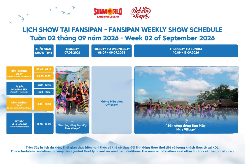 Lịch Show tại Fansipan Tuần 02 Tháng 09 Năm 2026 - Sun World Fansipan Legend