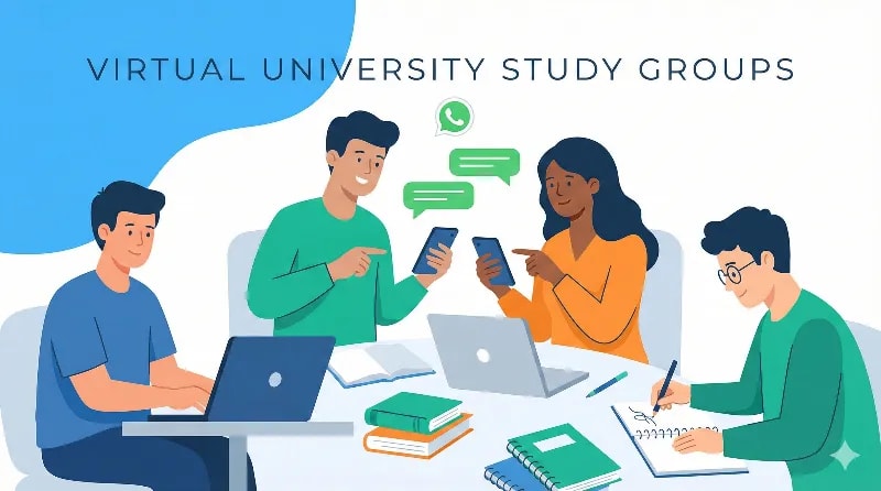 "A vibrant and modern illustration of university students collaborating online via WhatsApp groups. Show diverse students using smartphones and laptops, exchanging messages, sharing study notes, and working together. Include visual cues of academic materials like books, notebooks, and laptops. Bright, friendly, and professional style with clean, minimal background. Emphasize connection, teamwork, and digital learning. Include subtle icons of WhatsApp or chat bubbles, suitable for a blog header about Virtual University student groups."  Optional Details:  Style: flat modern illustration, semi-realistic, or digital vector style  Colors: shades of green (WhatsApp theme), blue, white, and neutral tones  Composition: group of 4–6 students, some sitting, some standing, smartphones and laptops visible, small chat bubbles floating above